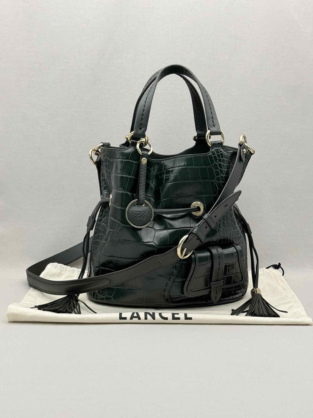 LANCEL Premier First Green Croc Embossed Bucket Bag