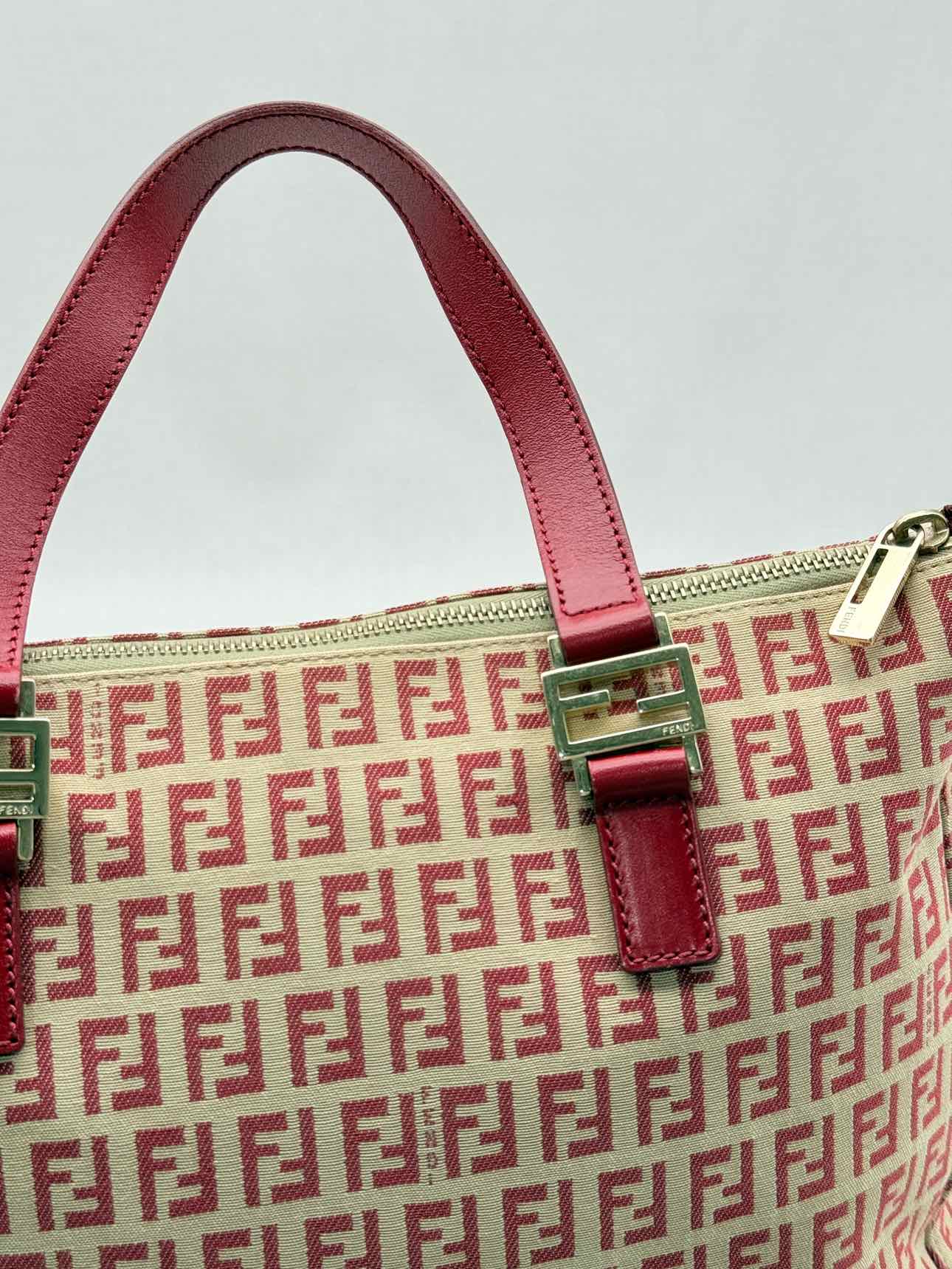 FENDI Shopping Cream & Burgundy Zucchino Tote Bag