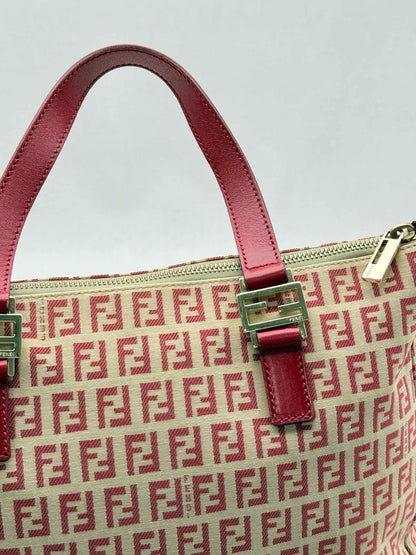 FENDI Shopping Cream & Burgundy Zucchino Tote Bag