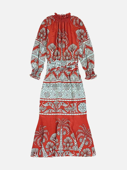 JOHANNA ORTIZ Red & Green Printed Size US 4 Midi Dress