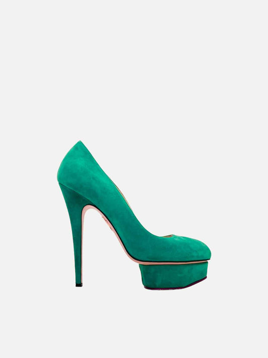 Pre - loved CHARLOTTE OLYMPIA Green Platform Pumps at Reems Closet