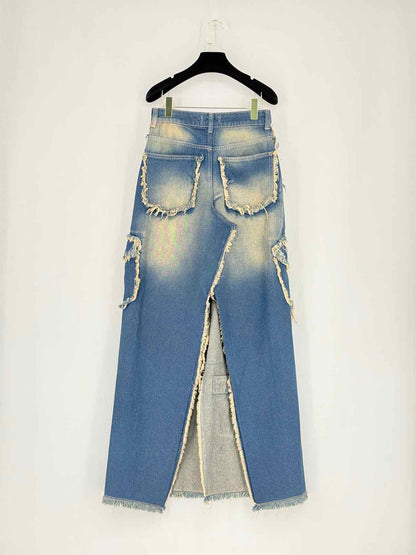 REBORN Front Split Blue Fringed Size 27 Long Skirt