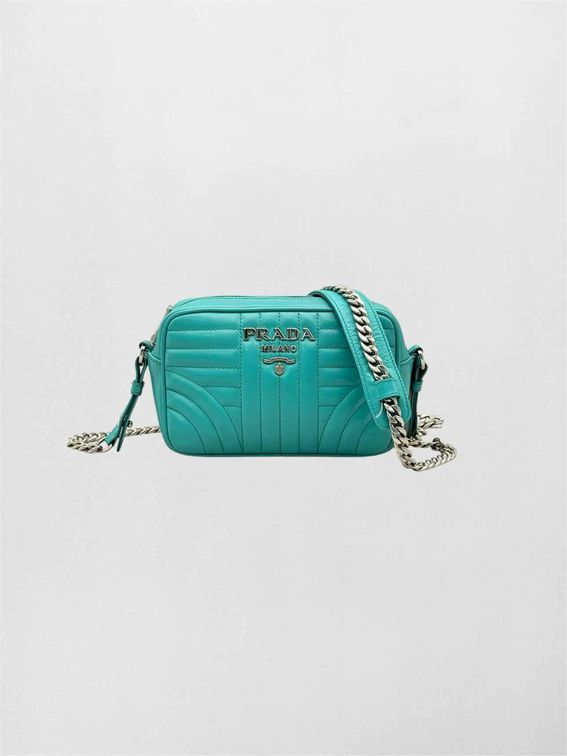 PRADA Diagramme Camera Turquoise Quilted Shoulder Bag
