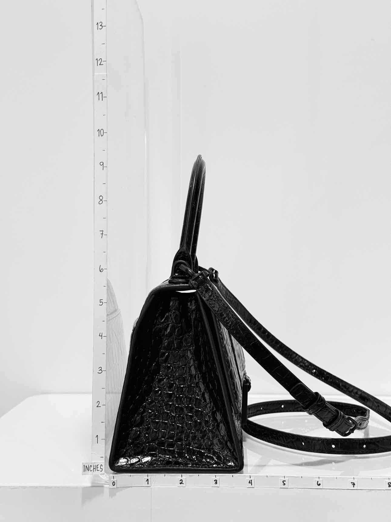 BALENCIAGA Hourglass Black Croc Embossed Top Handle