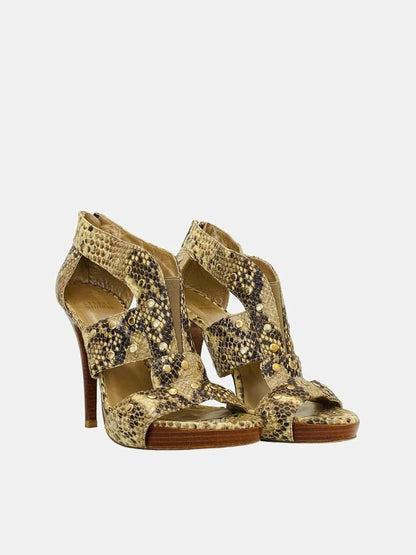 STUART WEITZMAN Beige & Brown Snakeskin Heeled Sandals