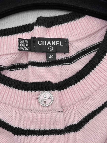 CHANEL Pink & Black Striped Size US 8 Cardigan