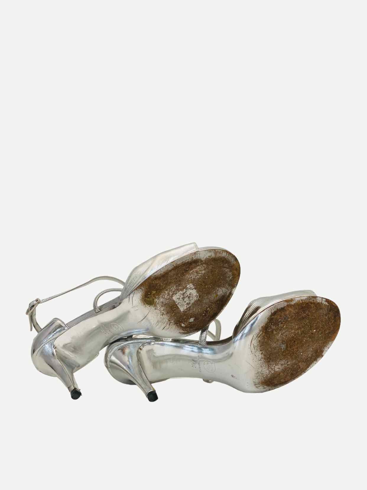 CHANEL Strappy Metallic Silver Heeled Sandals 41