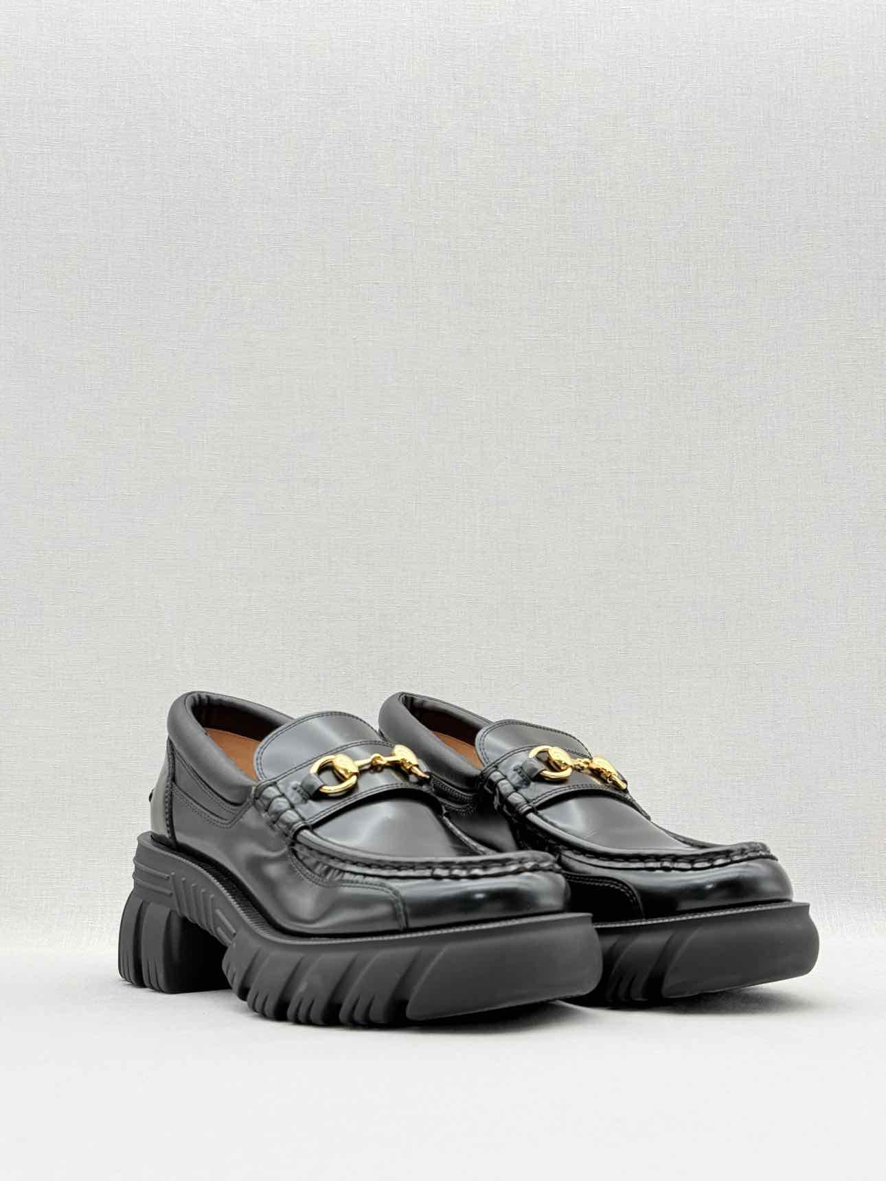 GUCCI Lug Sole Black Horsebit Size EU 37.5 Loafers
