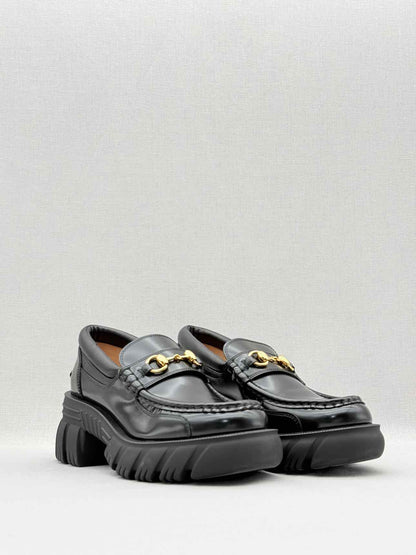 GUCCI Lug Sole Black Horsebit Size EU 37.5 Loafers