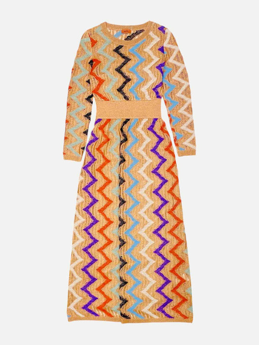 MISSONI Knit Bronze Multicolor Zigzag Long Dress