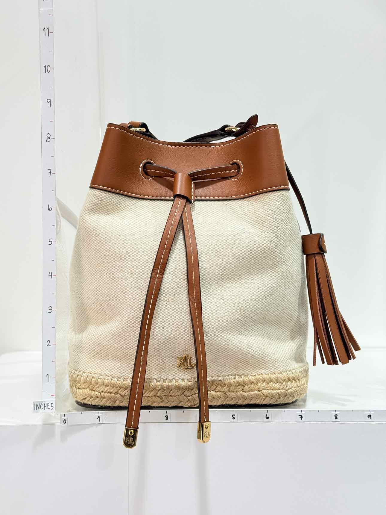 RALPH LAUREN Canvas Debby Beige & Tan Bucket Bag