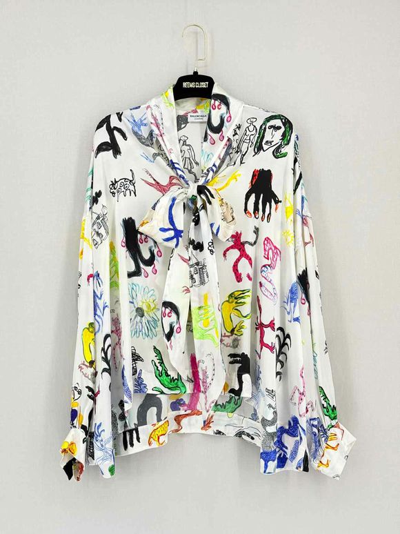 BALENCIAGA White Multicolor Printed Size US 6 Blouse