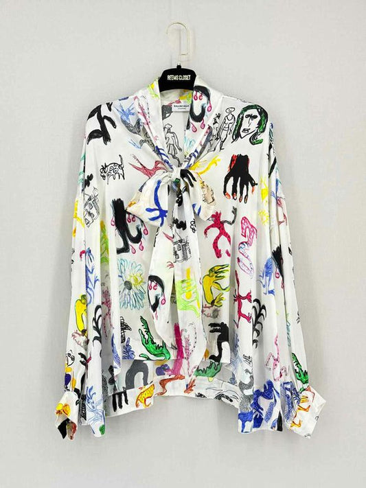BALENCIAGA White Multicolor Printed Size US 6 Blouse