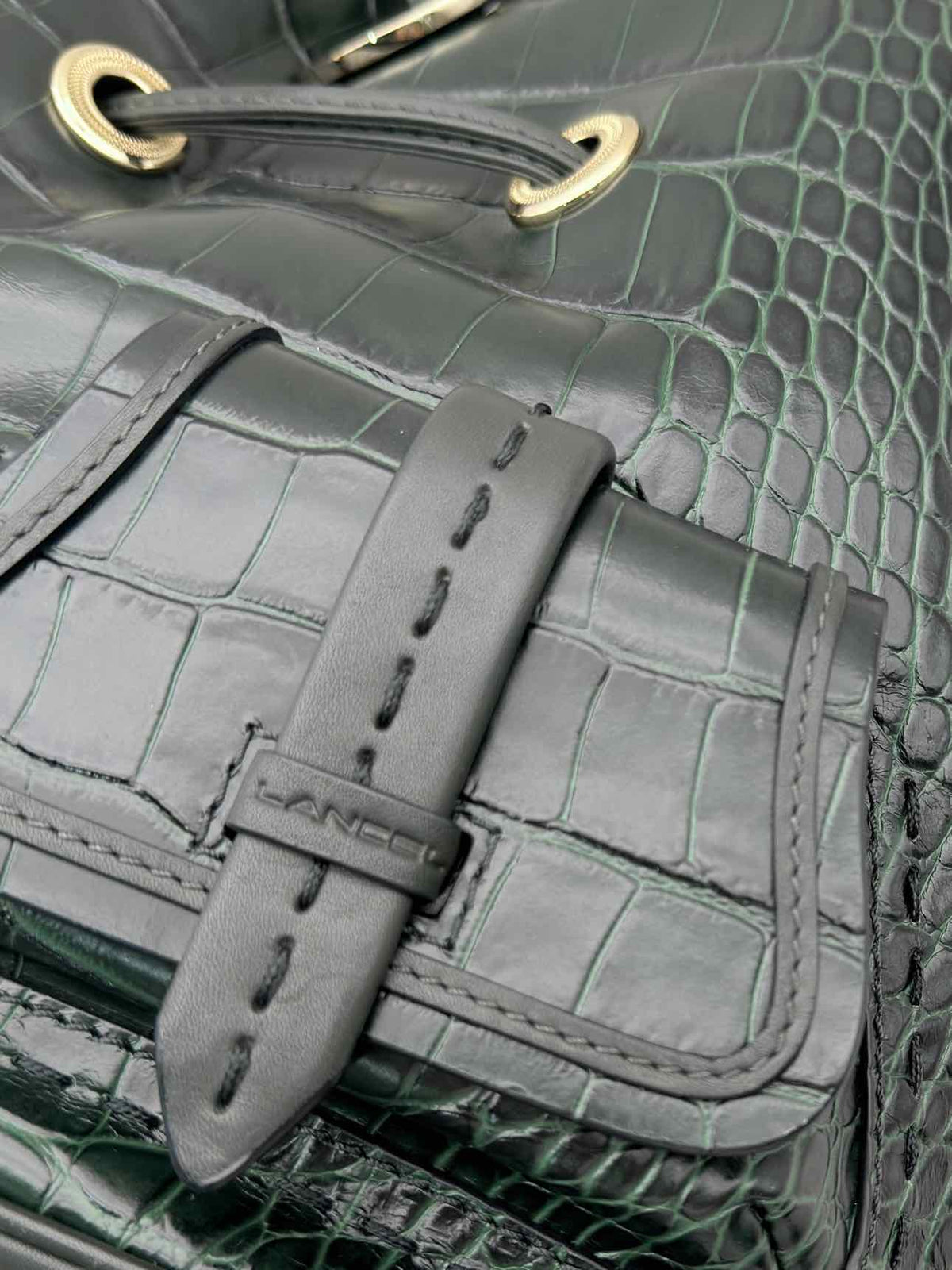 LANCEL Premier First Green Croc Embossed Bucket Bag