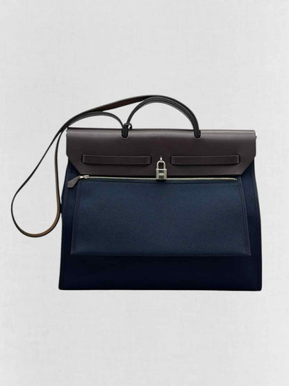 HERMES Herbag Zip Brown & Navy Blue Top Handle