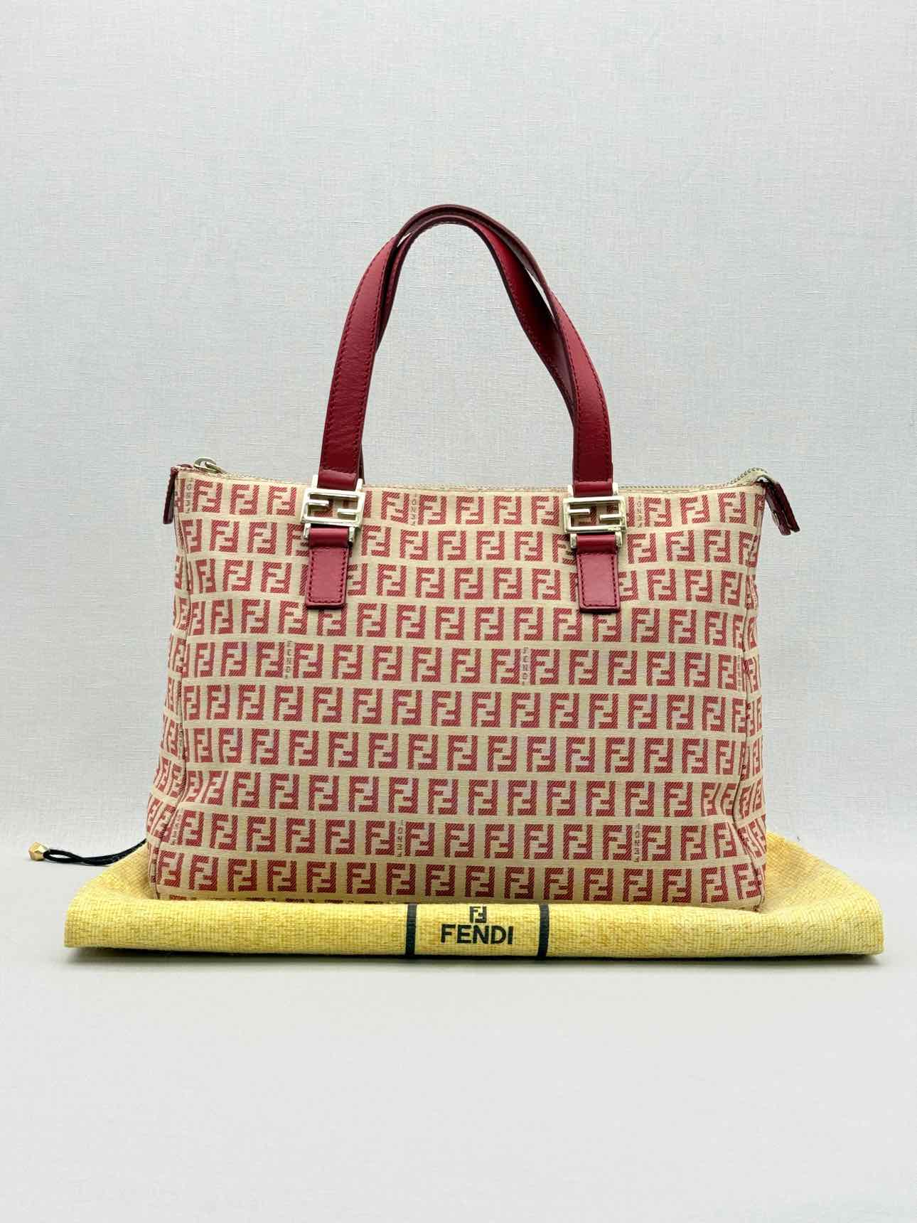 FENDI Shopping Cream & Burgundy Zucchino Tote Bag