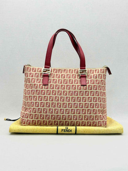 FENDI Shopping Cream & Burgundy Zucchino Tote Bag