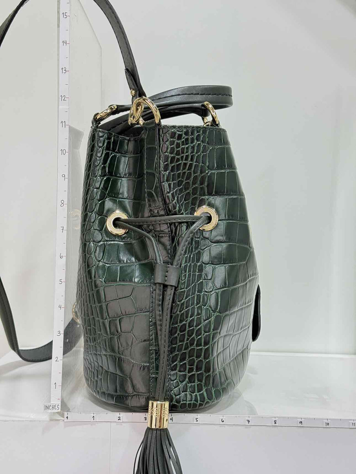 LANCEL Premier First Green Croc Embossed Bucket Bag