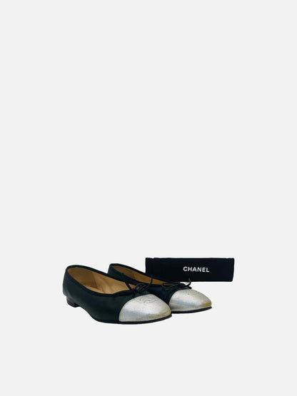 CHANEL CC Black & Silver Ballet Flats 36