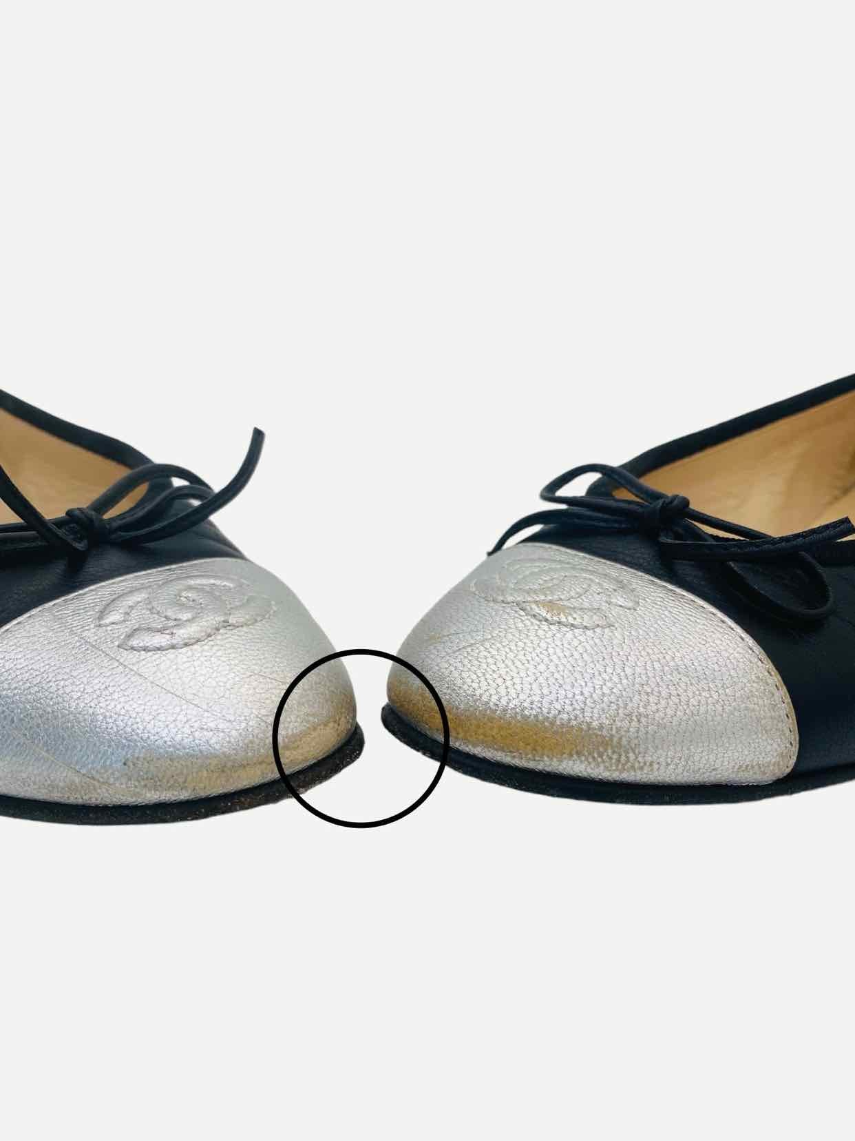 CHANEL CC Black & Silver Ballet Flats 36