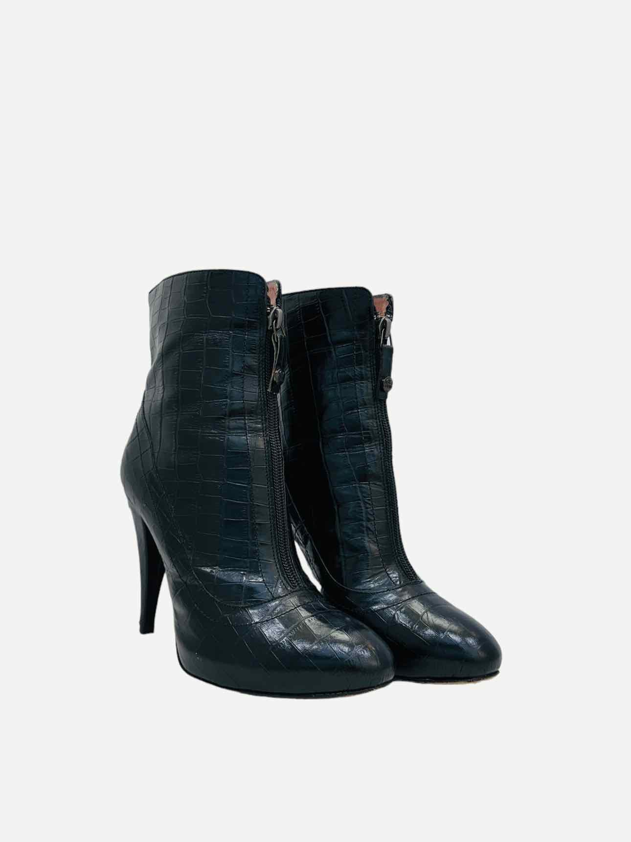 GF FERRE Zip Front Black Embossed Ankle Boots 37