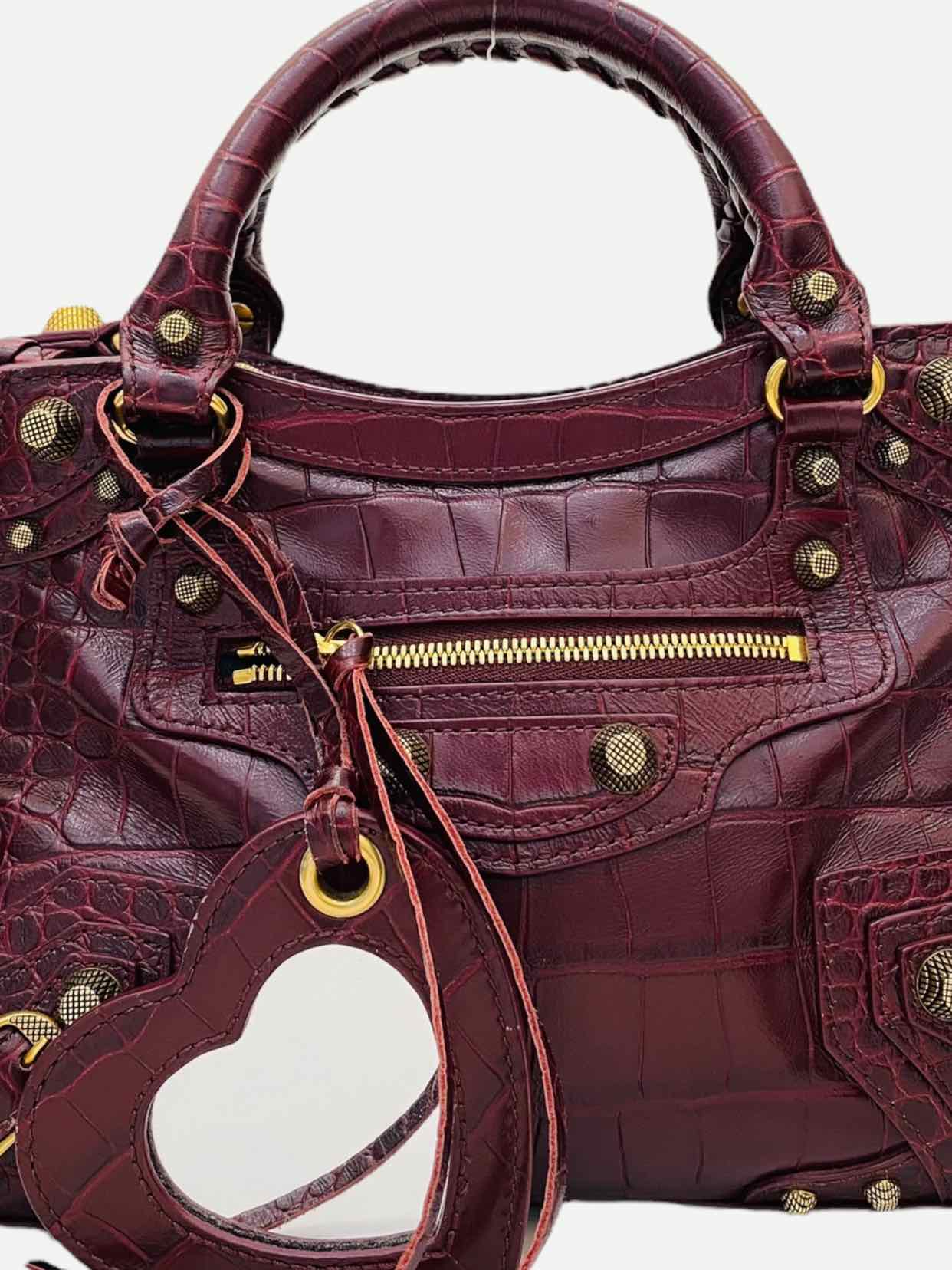 BALENCIAGA Cagole Burgundy Croc Embossed Leather Top Handle