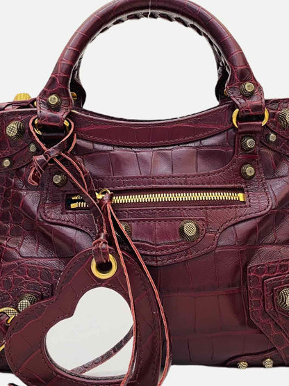 BALENCIAGA Cagole Burgundy Croc Embossed Leather Top Handle