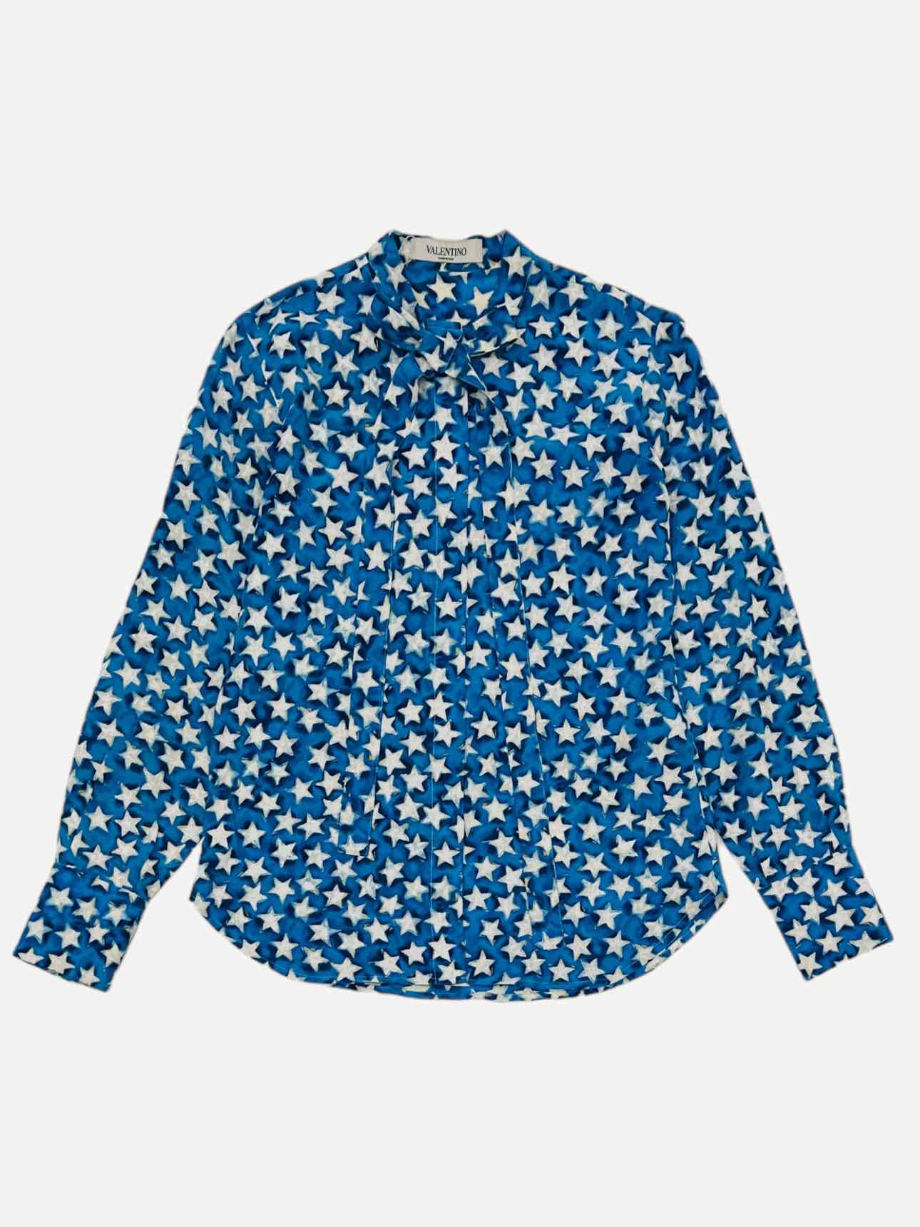 VALENTINO Neck Tie Blue & White Star Print Blouse