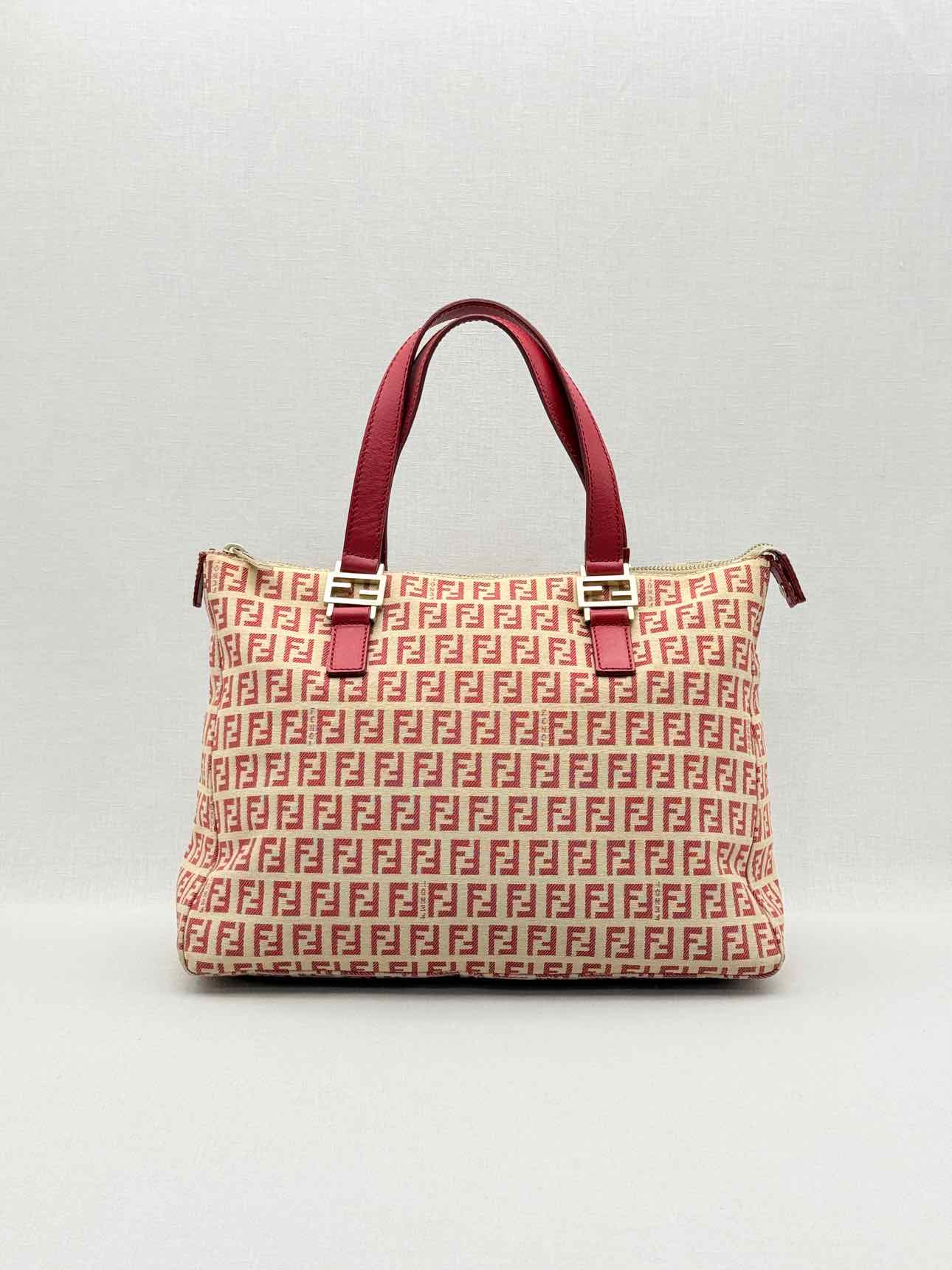 FENDI Shopping Cream & Burgundy Zucchino Tote Bag