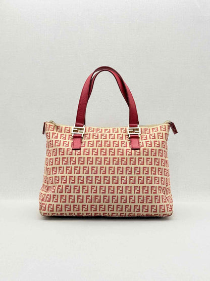 FENDI Shopping Cream & Burgundy Zucchino Tote Bag