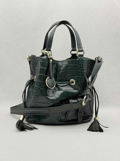 LANCEL Premier First Green Croc Embossed Bucket Bag