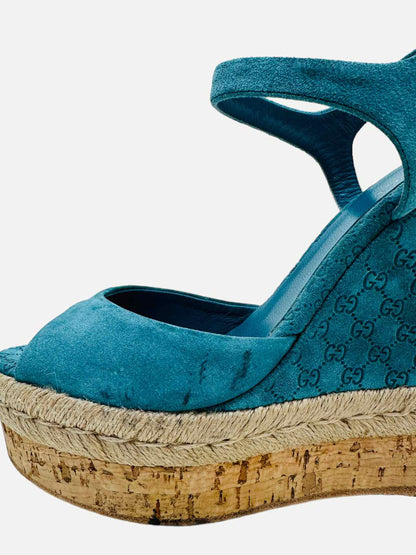 GUCCI Ankle Strap Blue GG Wedges