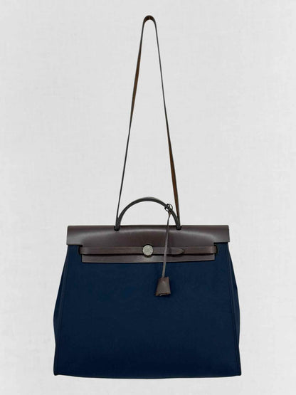 HERMES Herbag Zip Brown & Navy Blue Top Handle