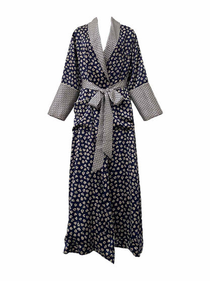 OLIVIA VON HALLE Navy Blue & Beige Size Small Robe