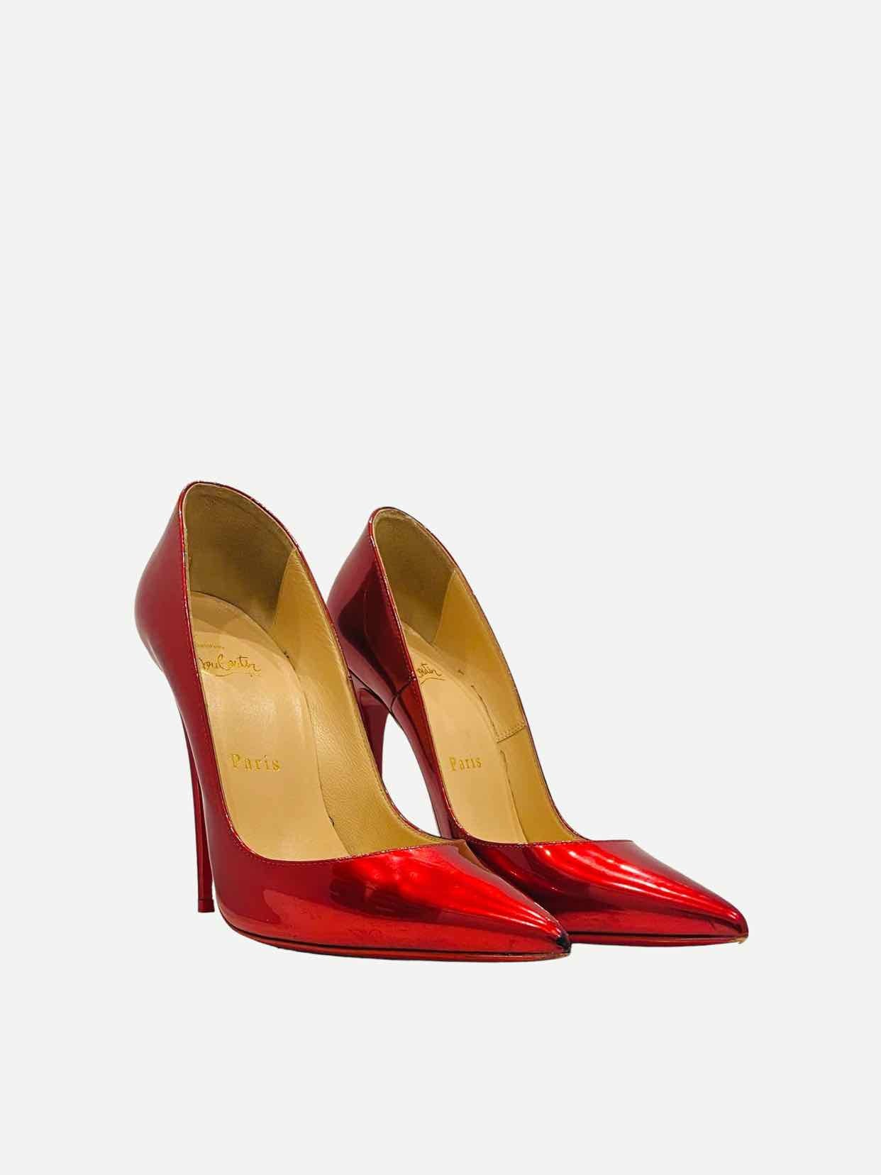 Pre - loved CHRISTIAN LOUBOUTIN Pointed Toe Metallic Red Pumps at Reems Closet