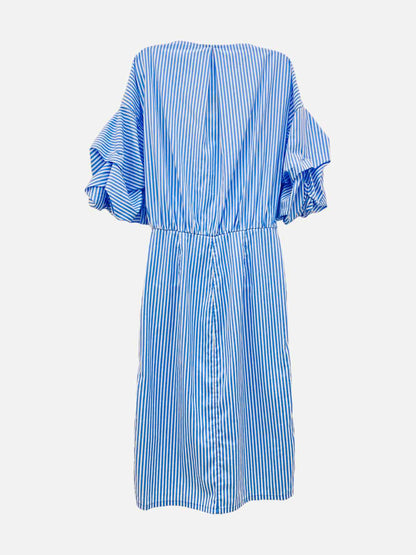 JOHANNA ORTIZ Ruffled Blue & White Striped Midi Dress