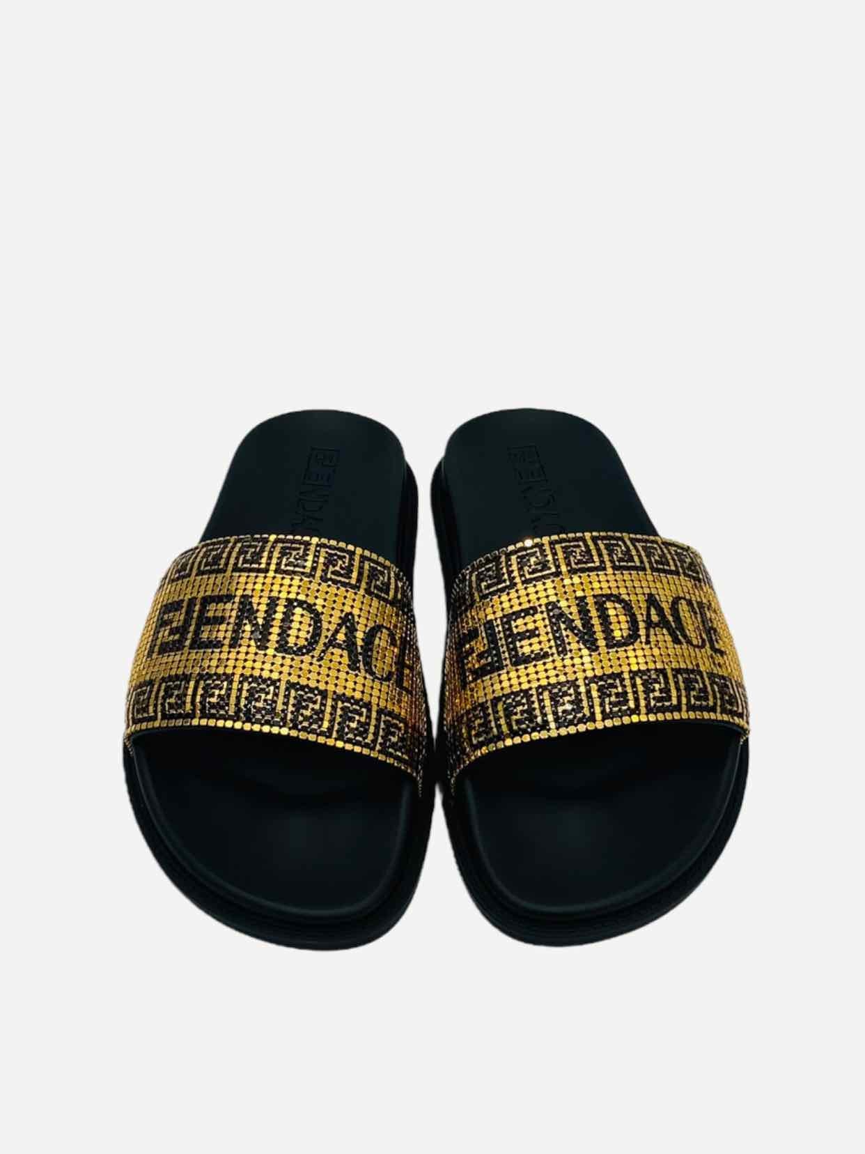 FENDI Fendace Gold & Black Logo Slides 39