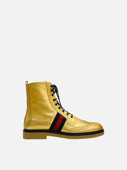 GUCCI Web Strap Metallic Gold Ankle Boots 38