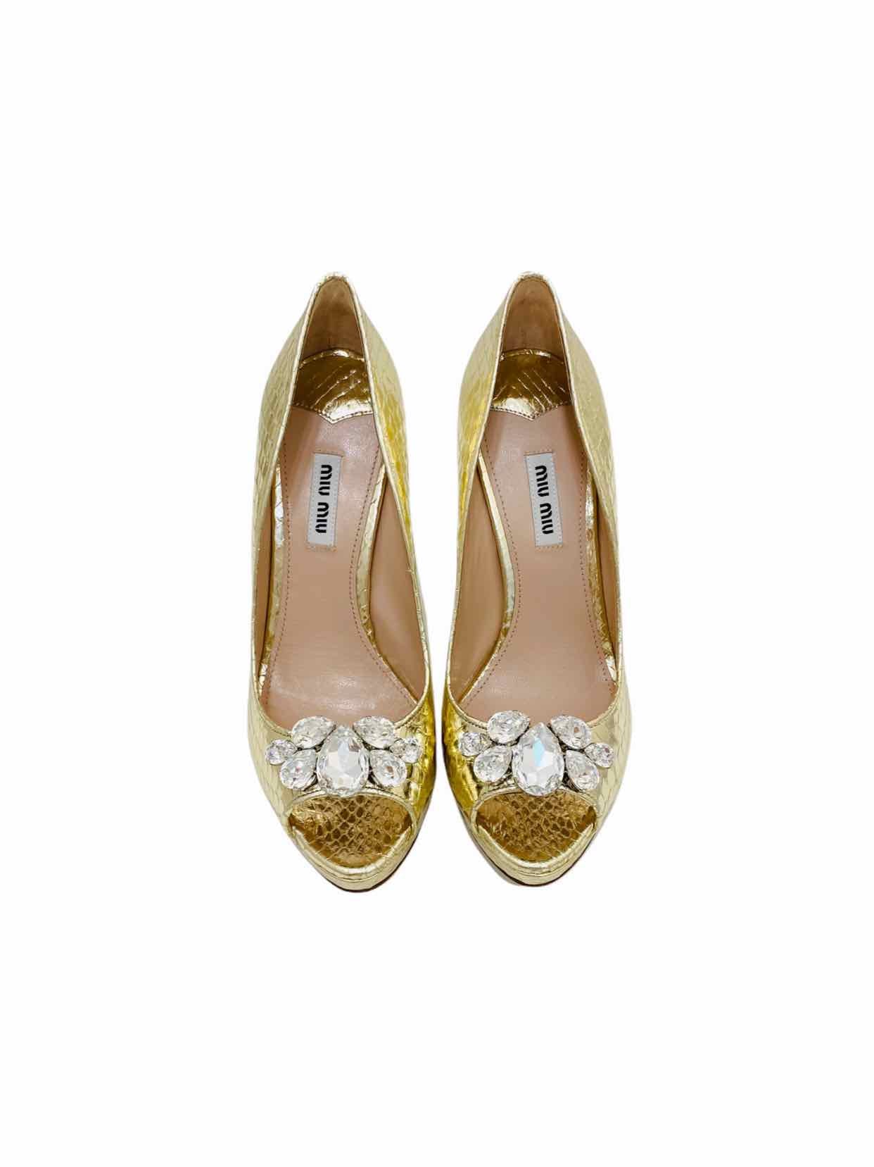 MIU MIU Peep Toe Metallic Gold Pumps 38.5