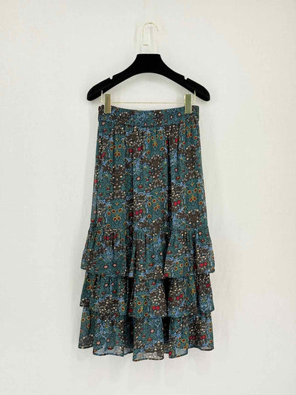 MAJE Green Multicolor Floral Print Size US 0 Midi Skirt