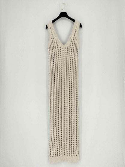 BRUNELLO CUCINELLI Beige Eyelet Size Medium Midi Dress