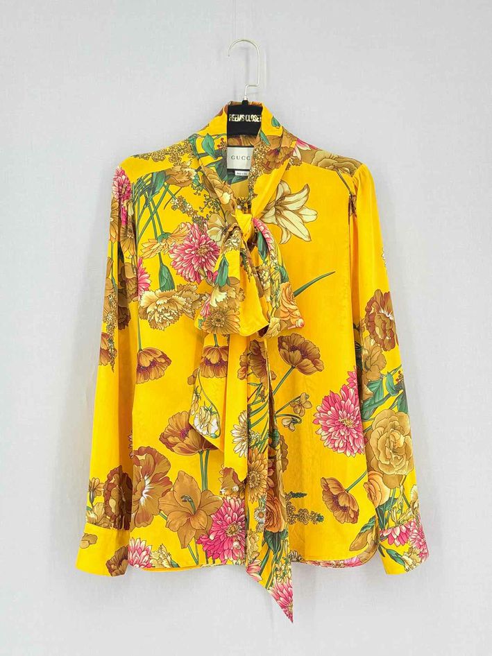 GUCCI Yellow Multicolor Floral Print Size US 6 Blouse