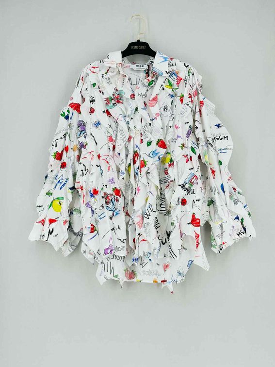 MSGM Ruffled White Multicolor Graffiti Size US 6 Shirt