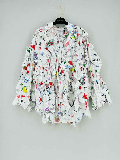 MSGM Ruffled White Multicolor Graffiti Size US 6 Shirt