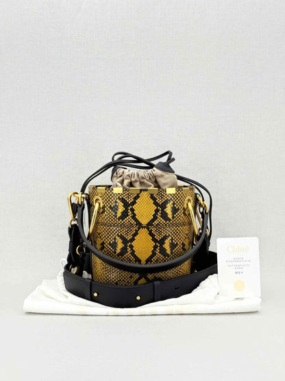 CHLOE Roy Yellow & Black Python Embossed Bucket Bag