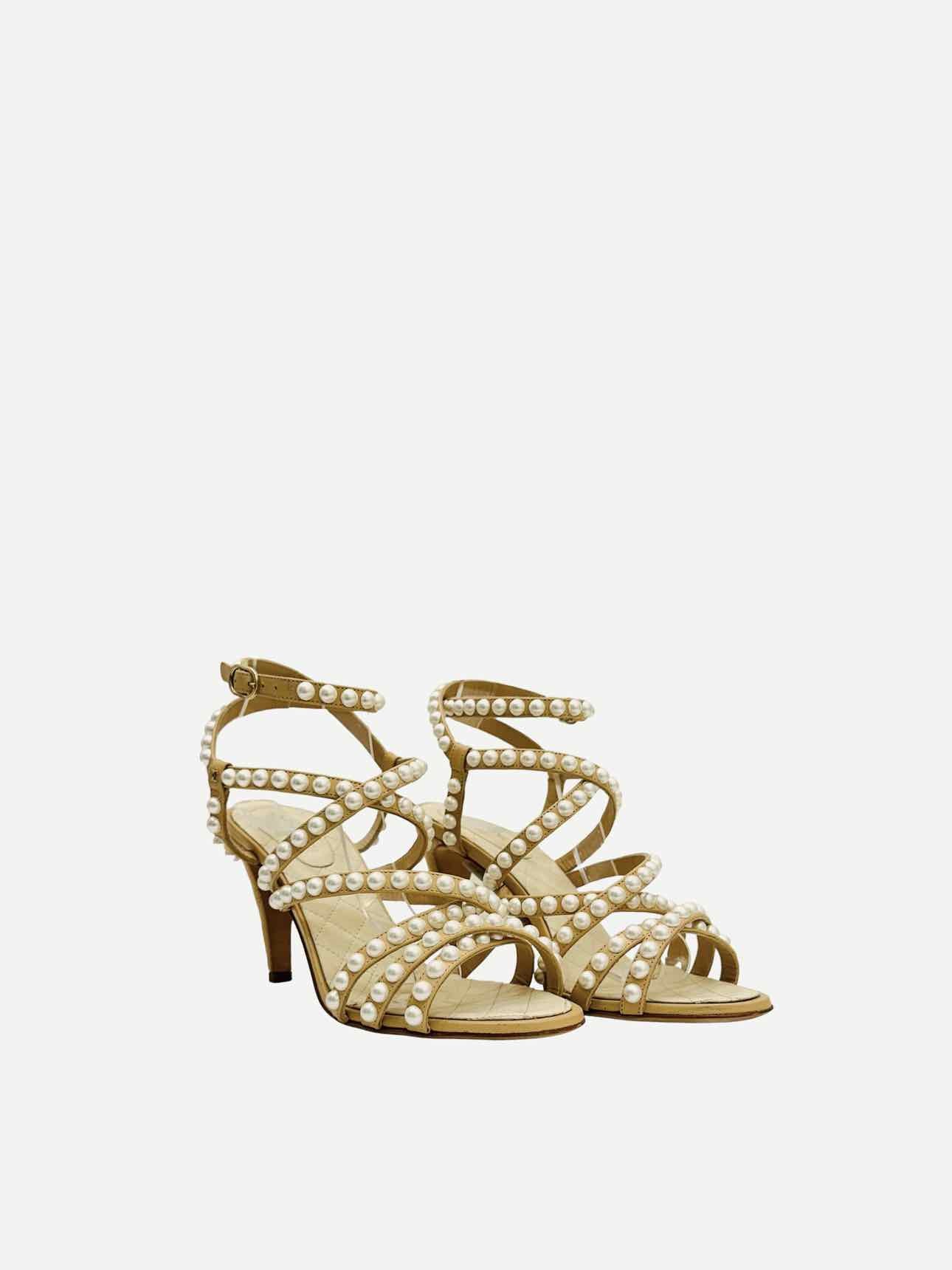 CHANEL Ankle Strap Beige & White Heeled Sandals 38