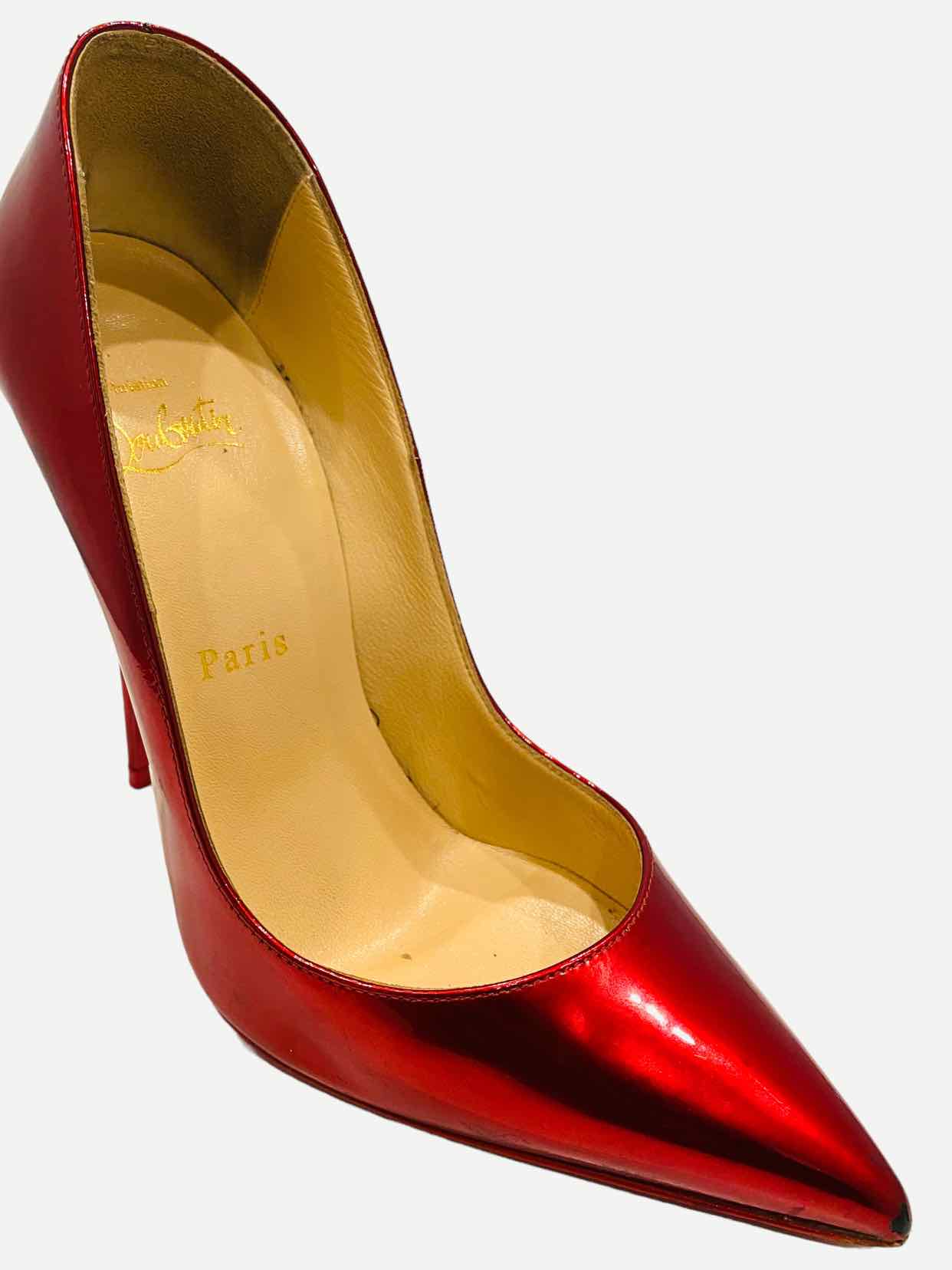 Pre - loved CHRISTIAN LOUBOUTIN Pointed Toe Metallic Red Pumps at Reems Closet