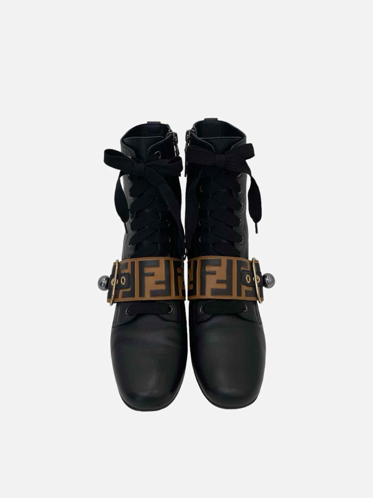 FENDI Lace Up Black FF Motif Ankle Boots 39