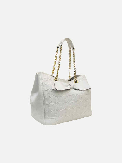 CAROLINA HERRERA Bow White Monogram Embossed Tote Bag