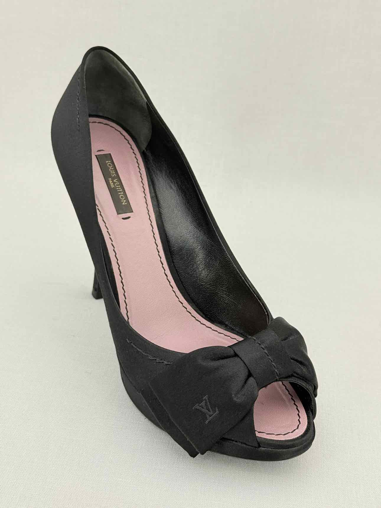 LOUIS VUITTON 95mm Open Toe Black Satin Pumps Size 37.5